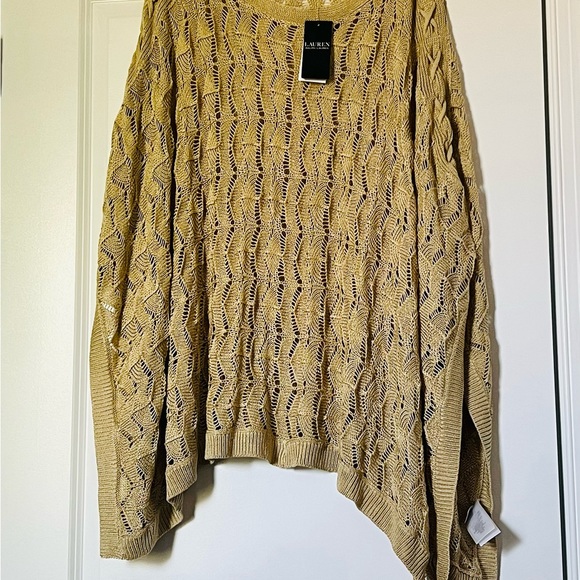 NWT Lauren Ralph Lauren Linen Blend Women Knit Poncho Gold Size S/M  $195 - Picture 3 of 16